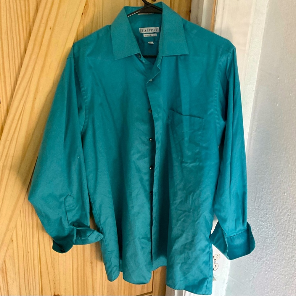 VAN HEUSEN WRINKLE FREE 16 32/33 TEAL BLUE GREEN buttoned up business